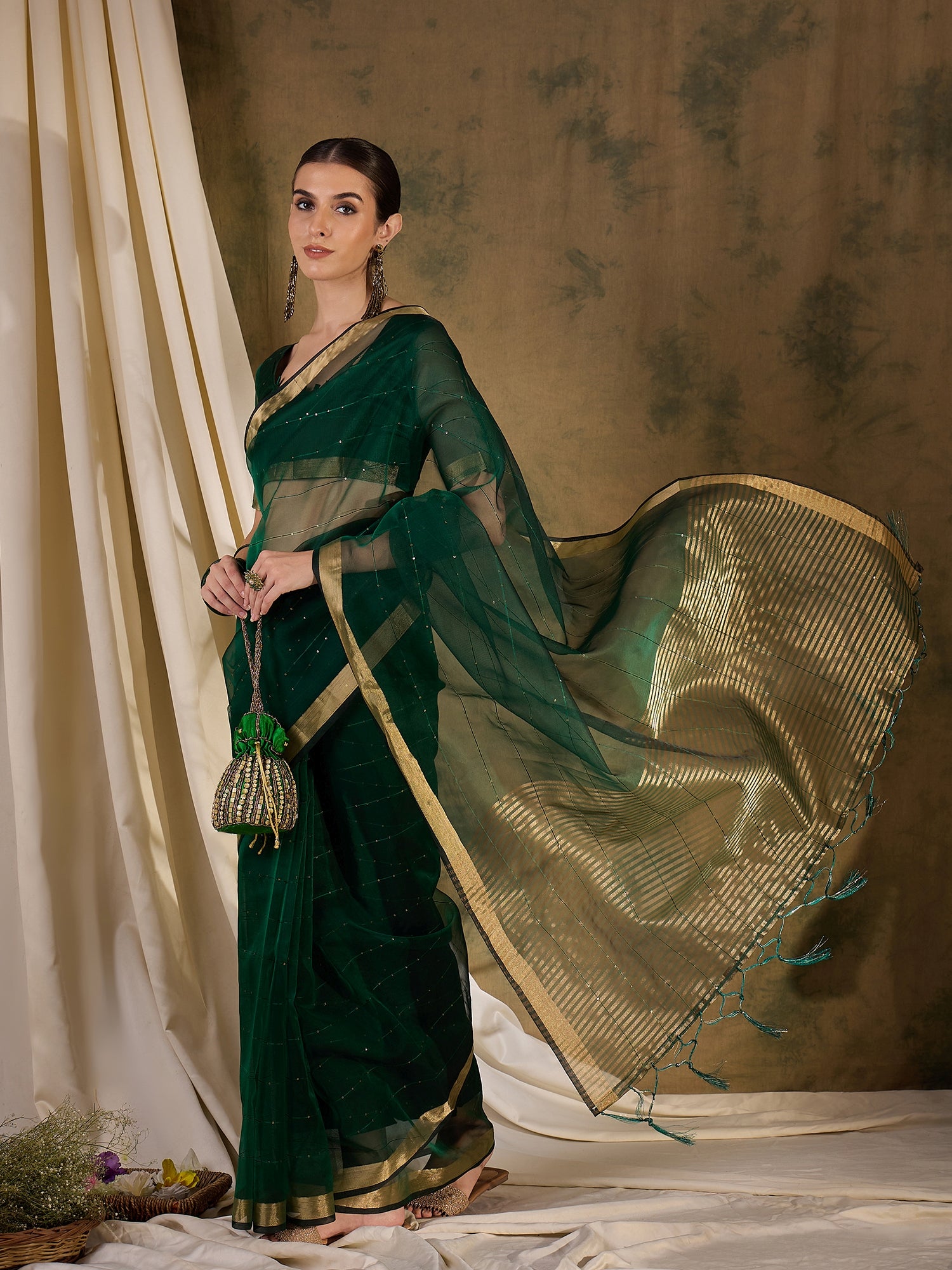 Buy MySilkLove Leaf Green Woven Organza Saree Online