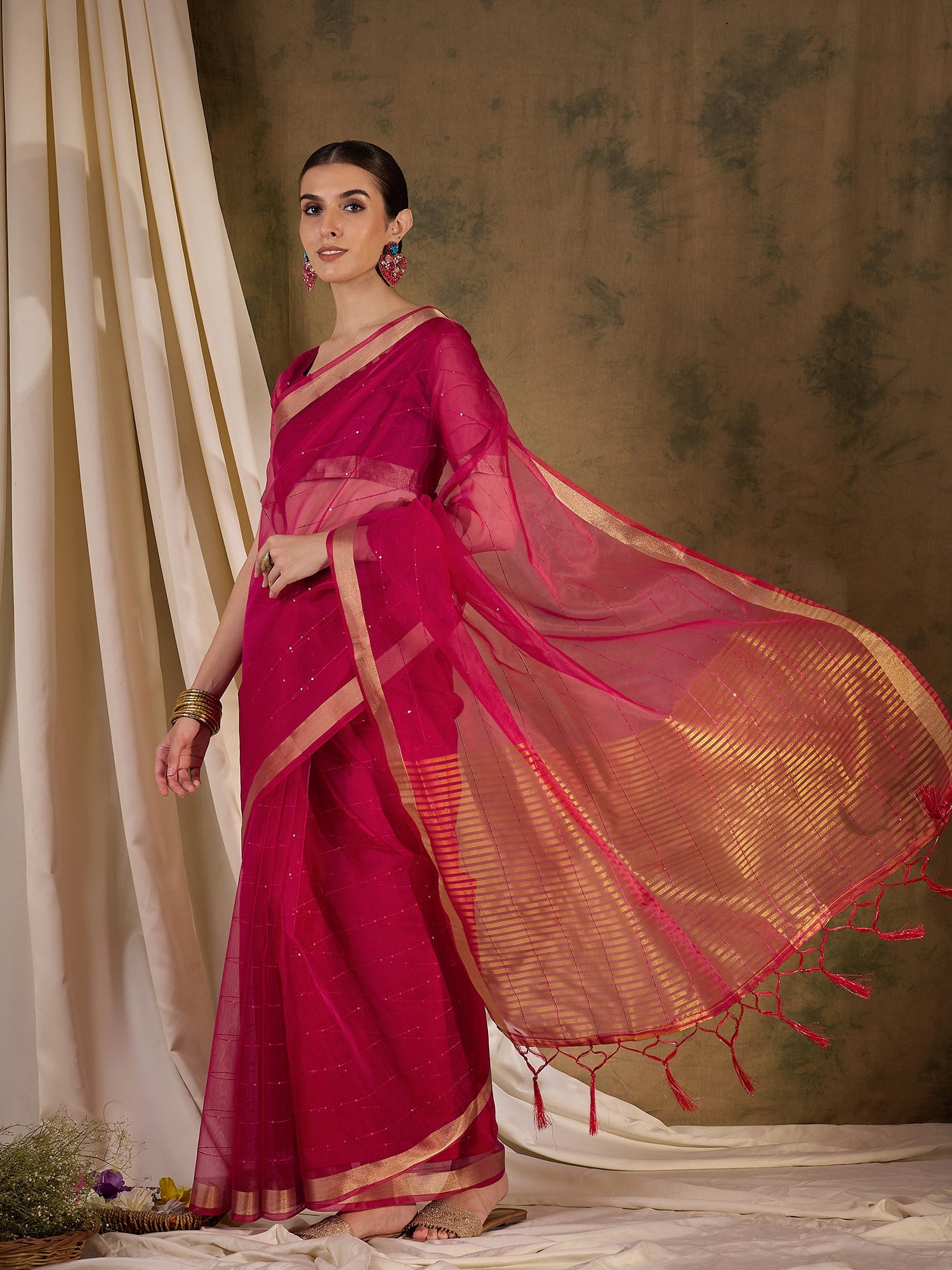 Buy MySilkLove Rose Pink Woven Organza Saree Online