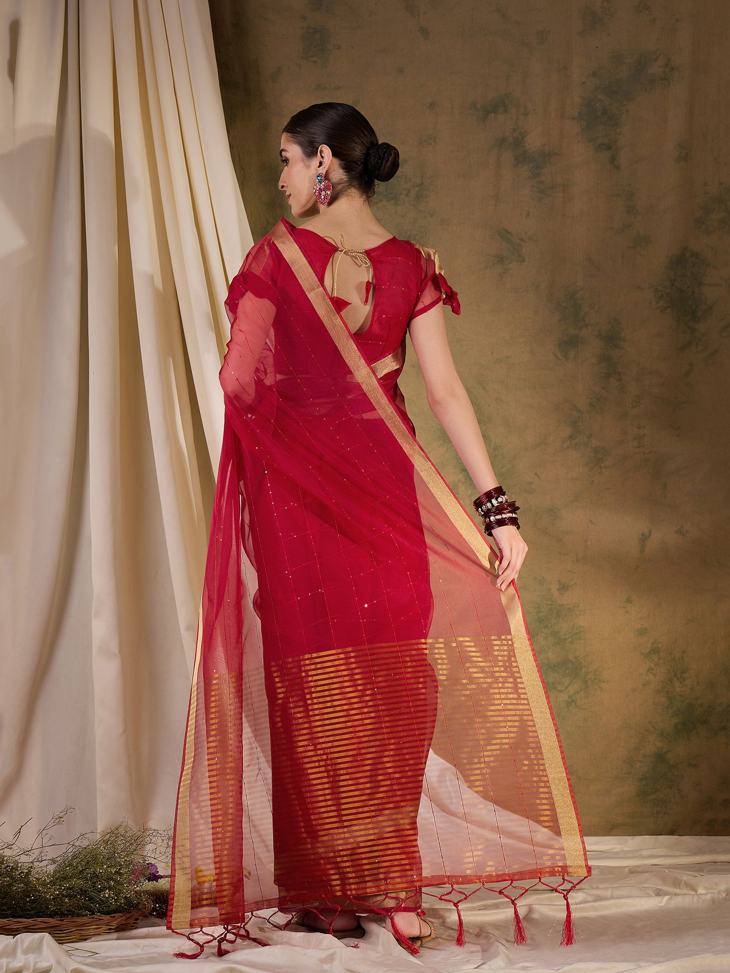 MySilkLove Cherry Red Woven Organza Saree