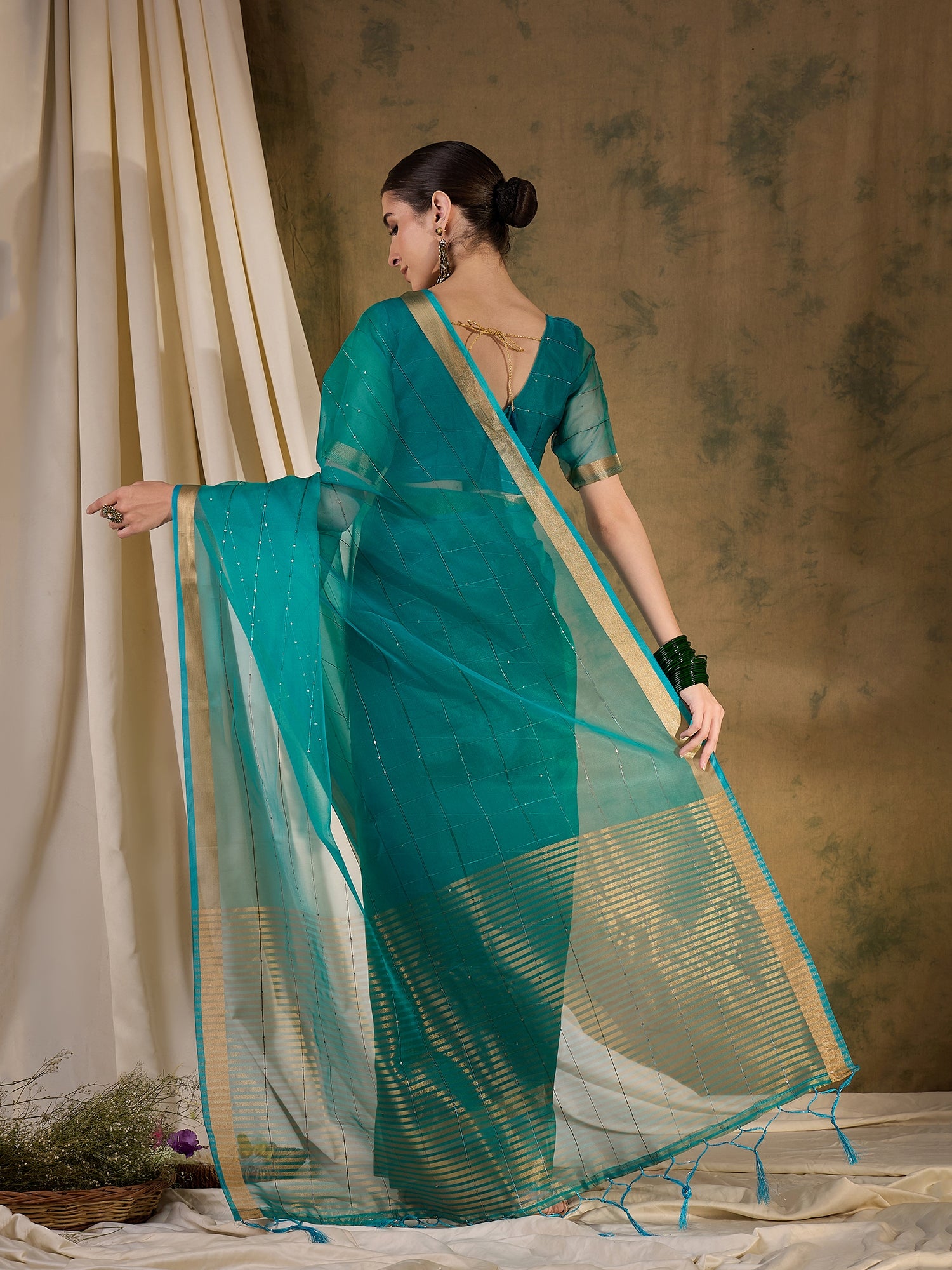 Buy MySilkLove Blue Stone Woven Organza Saree Online