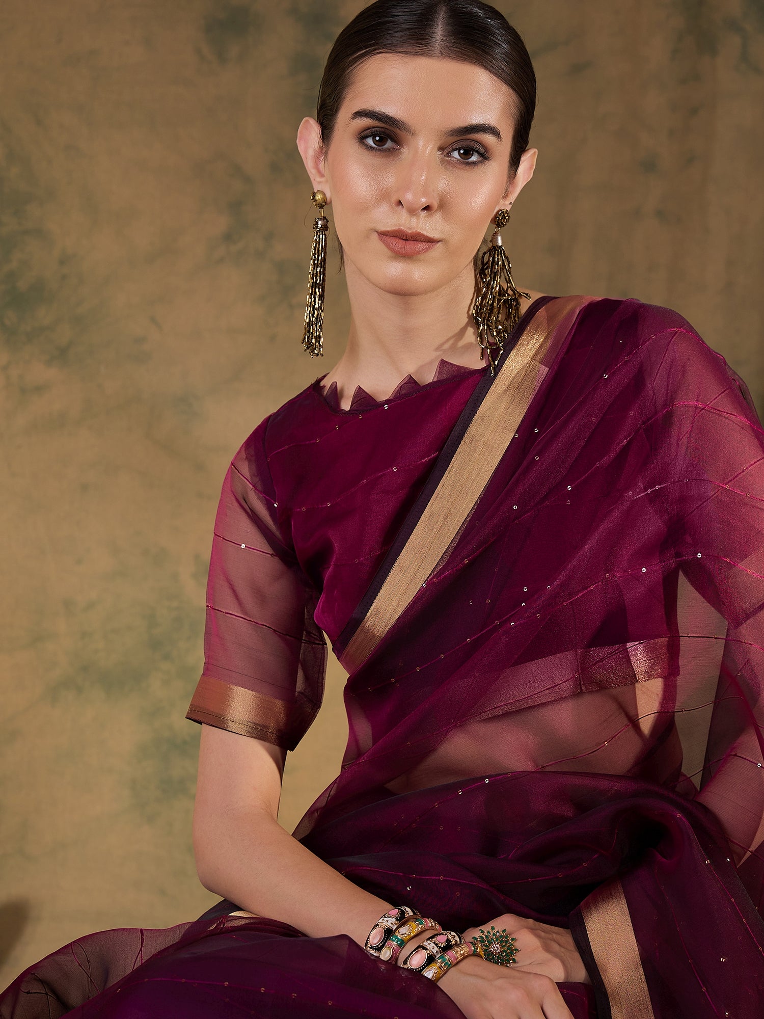 Buy MySilkLove Americano Brown Woven Organza Saree Online