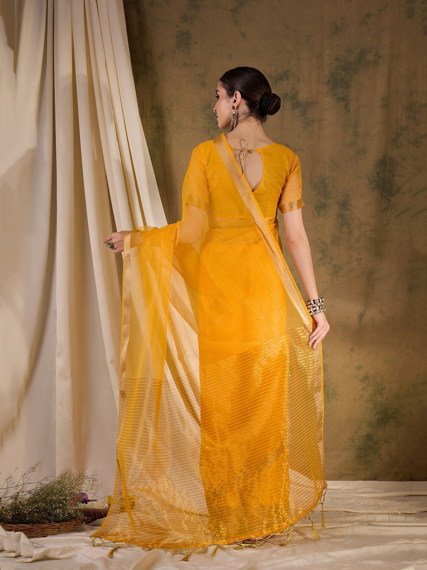 MySilkLove Tulip Yellow Woven Organza Saree