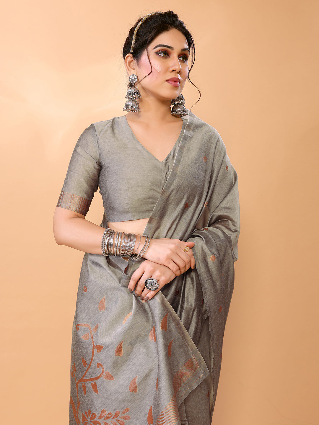 Buy MySilkLove Nomad Grey Woven Chanderi Cotton Saree Online