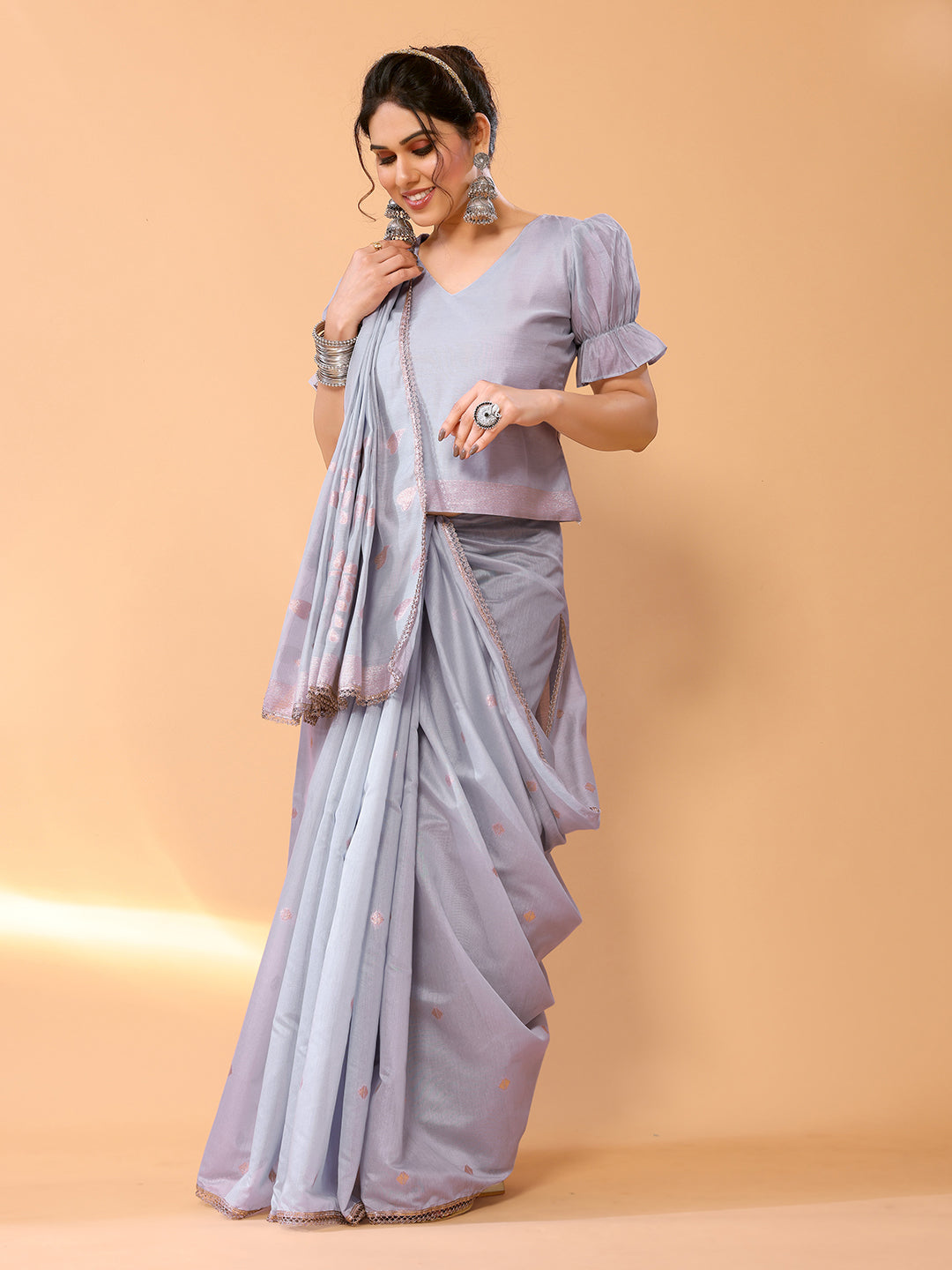 Buy MySilkLove Silver Grey Woven Chanderi Cotton Saree Online