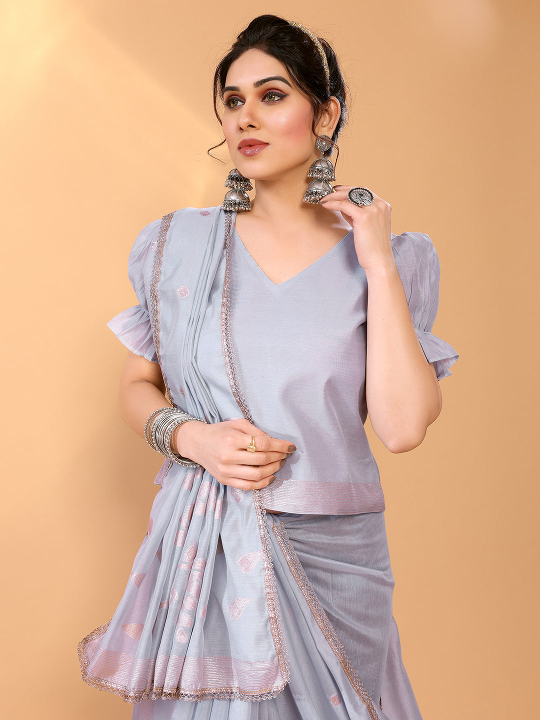 Buy MySilkLove Silver Grey Woven Chanderi Cotton Saree Online