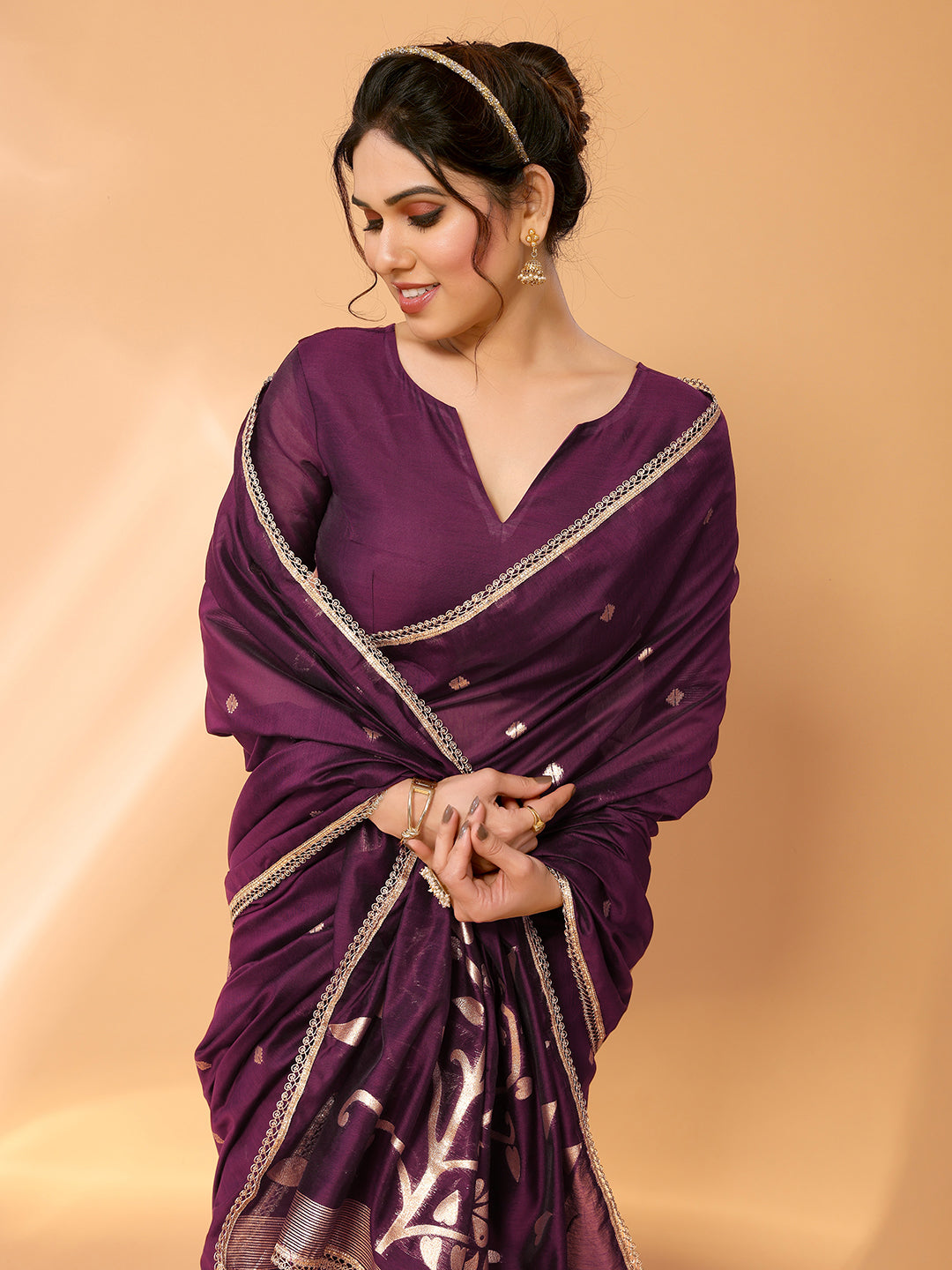 MySilkLove Tawny Port Purple Woven Chanderi Cotton Saree