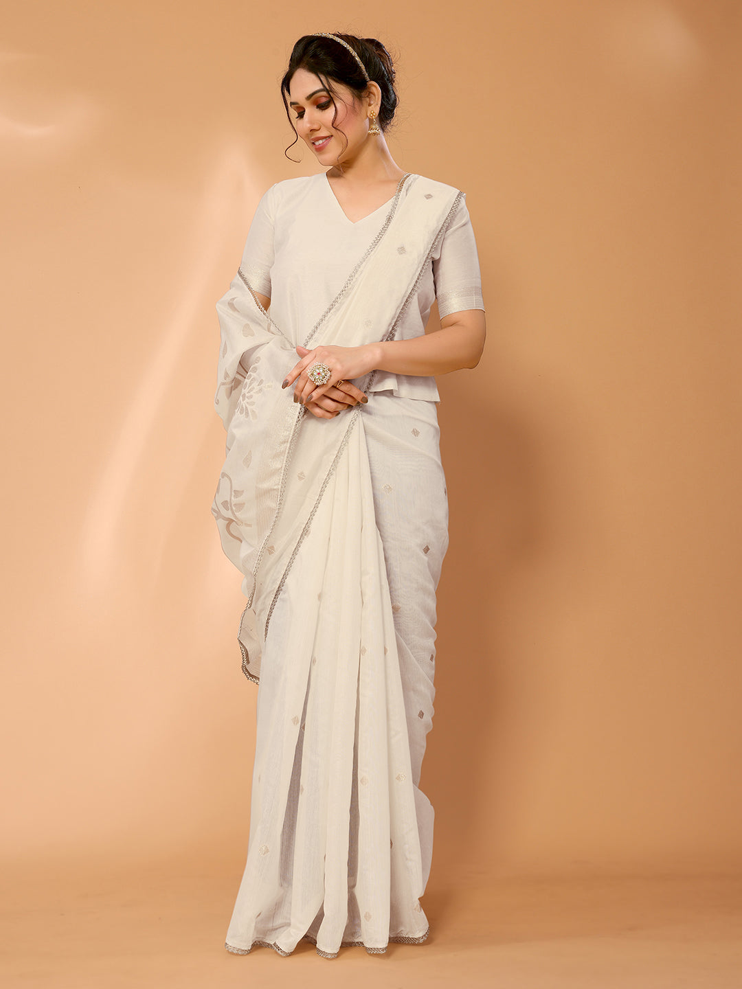 Buy MySilkLove Bone White Woven Chanderi Cotton Saree Online