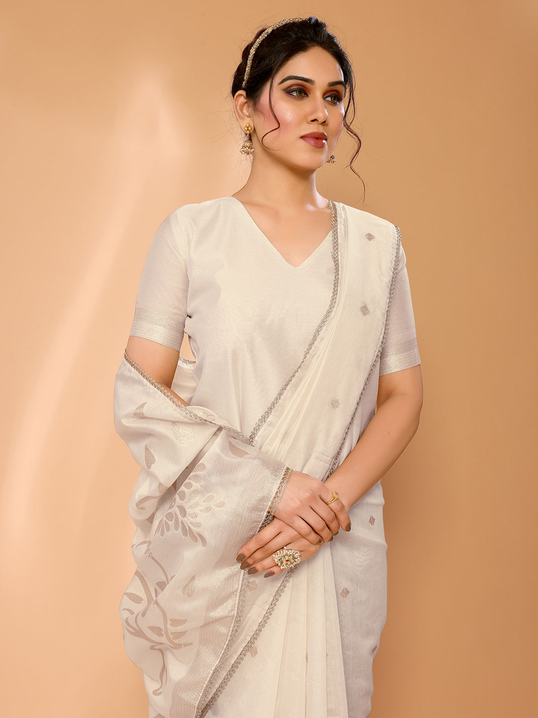 MySilkLove Bone White Woven Chanderi Cotton Saree