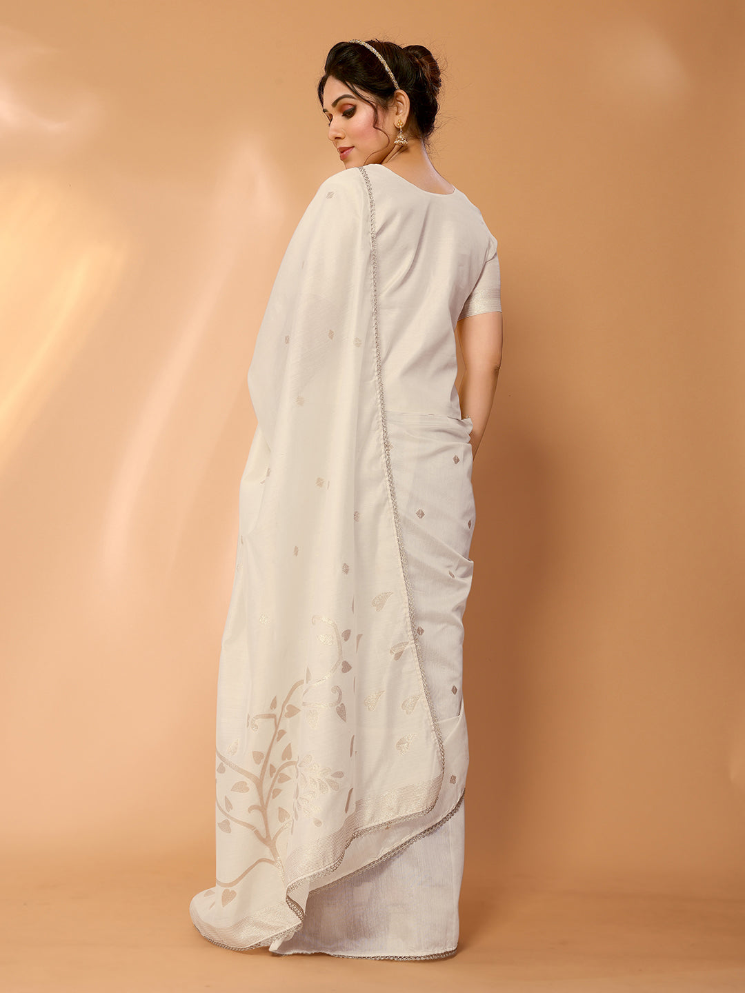 Buy MySilkLove Bone White Woven Chanderi Cotton Saree Online