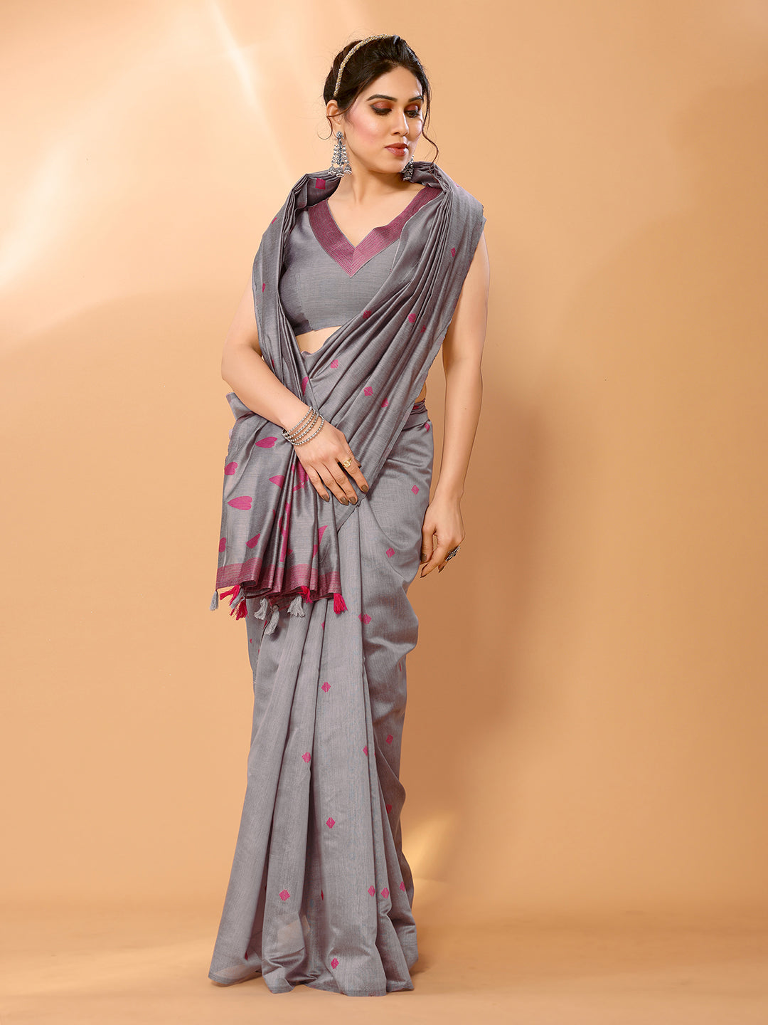 Buy MySilkLove Dusty Grey Woven Chanderi Cotton Saree Online