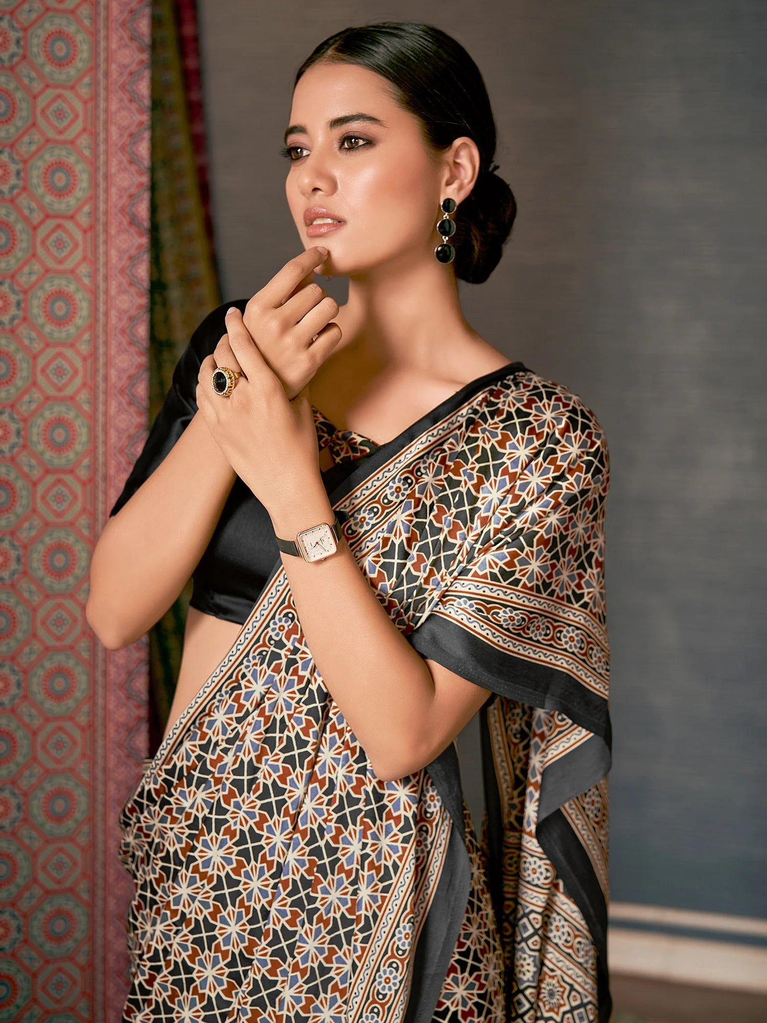 Buy MySilkLove Mine Shaft Black Digital Printed Ajrakh Satin Crepe Saree Online