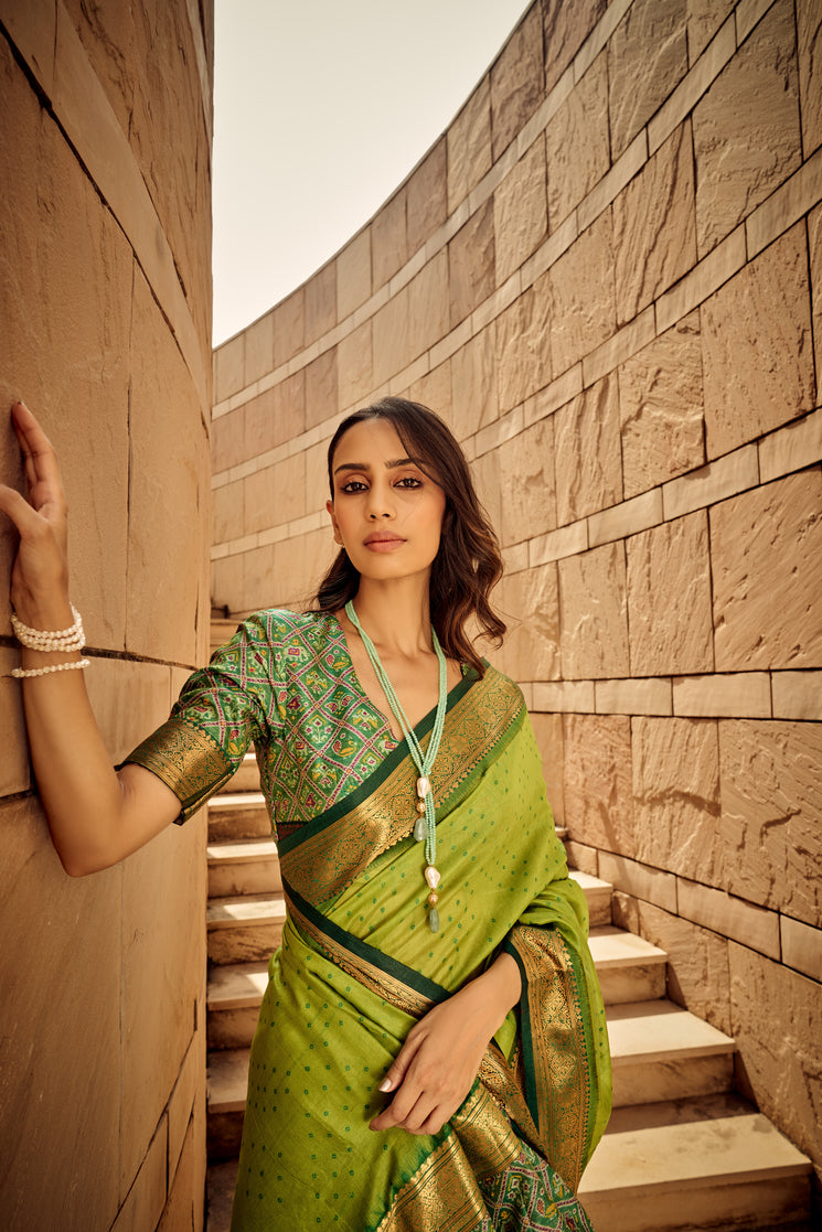 Buy MySilkLove Citron Green Woven Banarasi Handloom Silk Saree Online