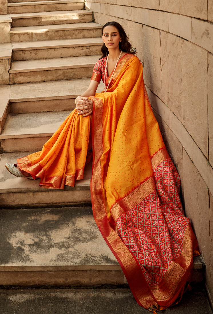 Buy MySilkLove Flame Pea Orange Woven Banarasi Handloom Silk Saree Online