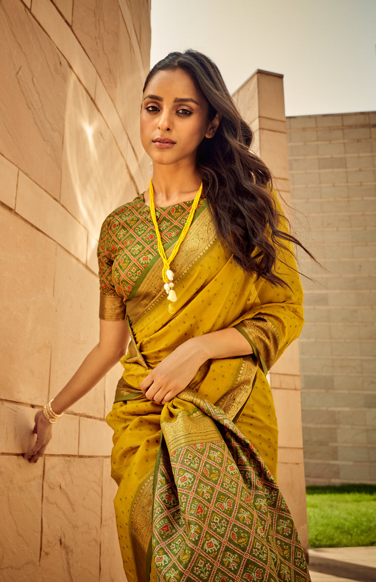 Buy MySilkLove Gamboge Yellow Woven Banarasi Handloom Silk Saree Online