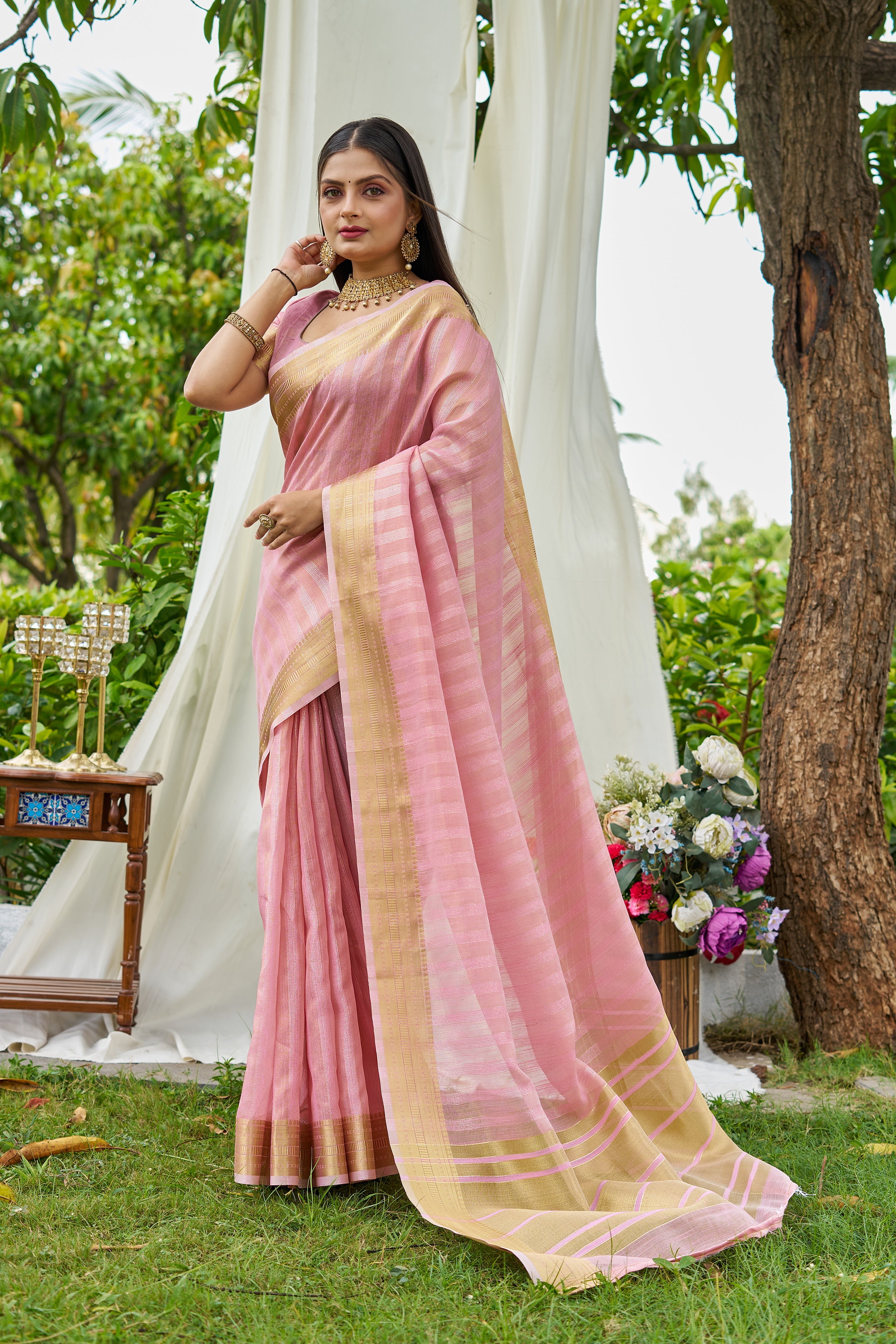 Buy MySilkLove Baby Pink Woven Tissue Saree Online