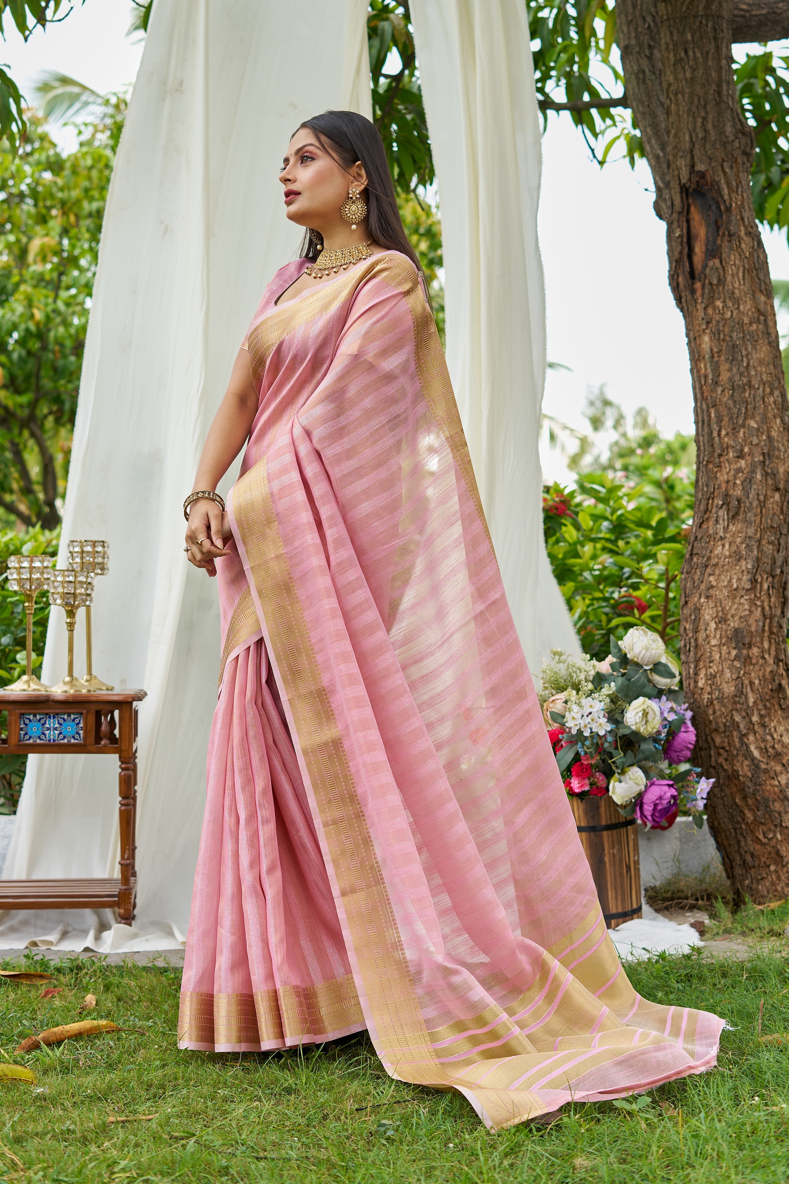Buy MySilkLove Baby Pink Woven Tissue Saree Online
