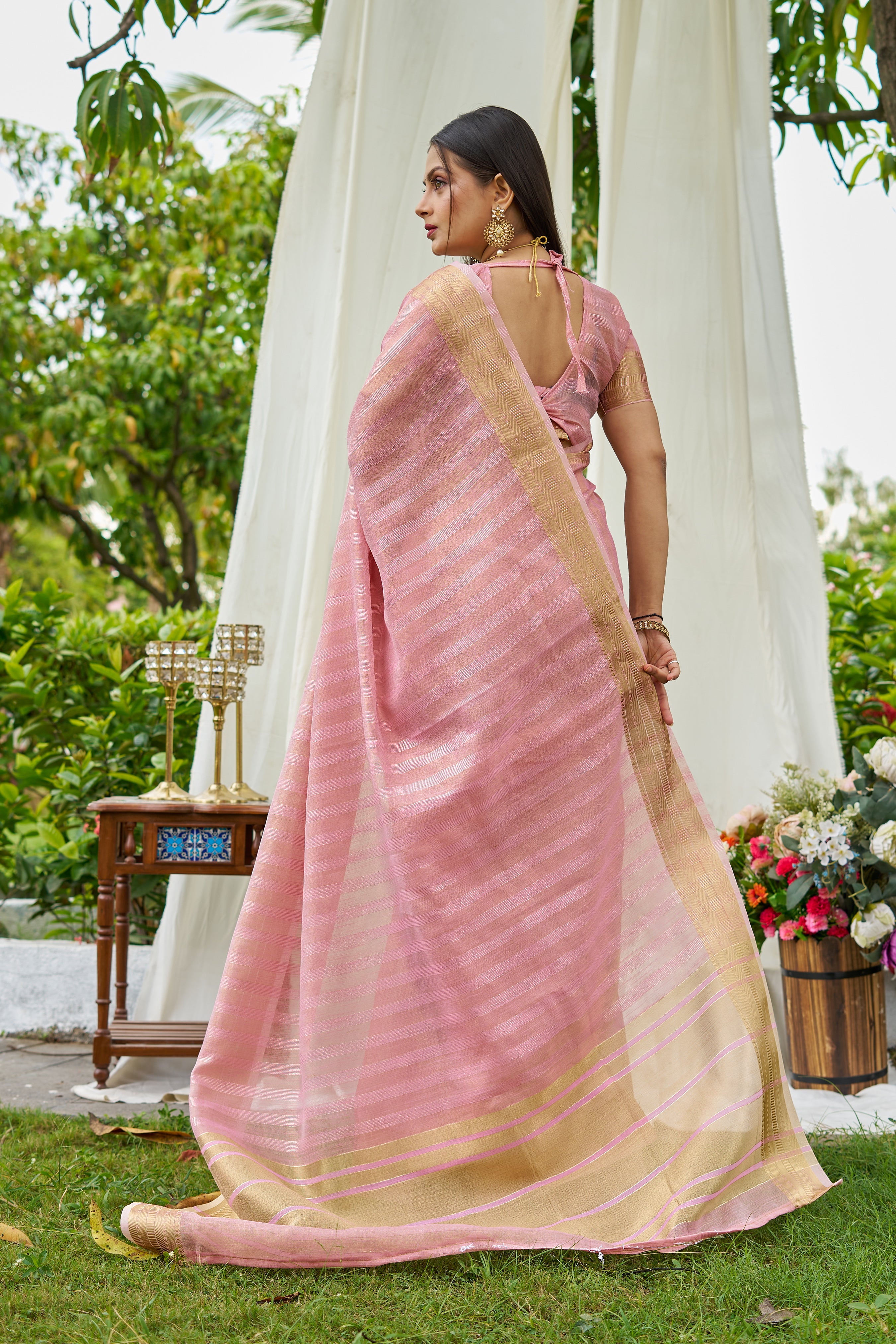 Buy MySilkLove Baby Pink Woven Tissue Saree Online