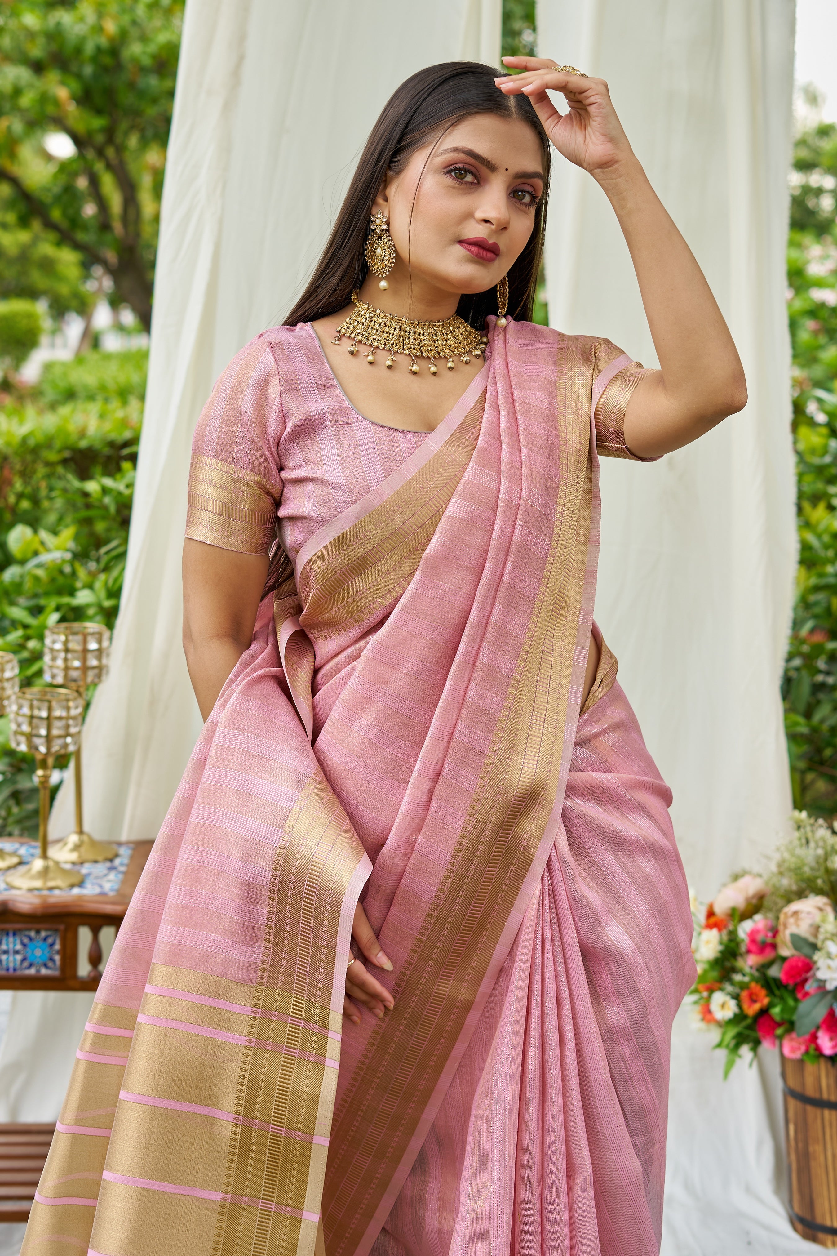 MySilkLove Baby Pink Woven Tissue Saree