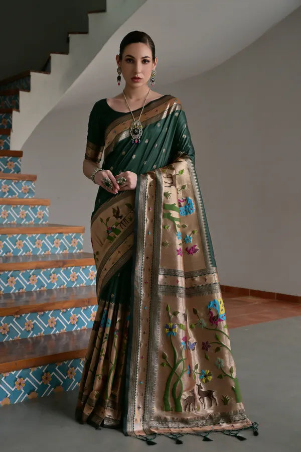 Buy MySilkLove Forest Green Woven Paithani Saree Online