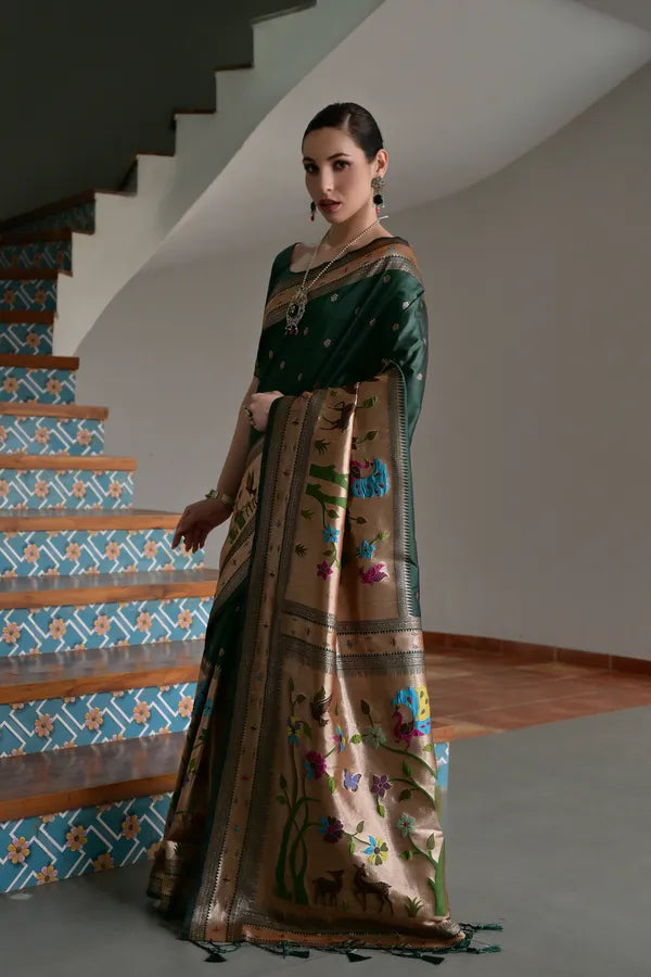 Buy MySilkLove Forest Green Woven Paithani Saree Online