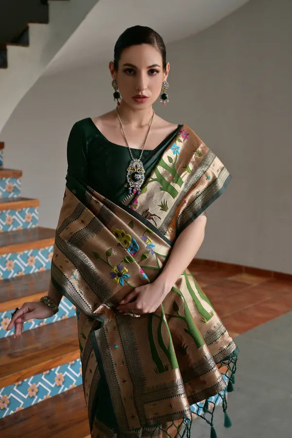MySilkLove Forest Green Woven Paithani Saree
