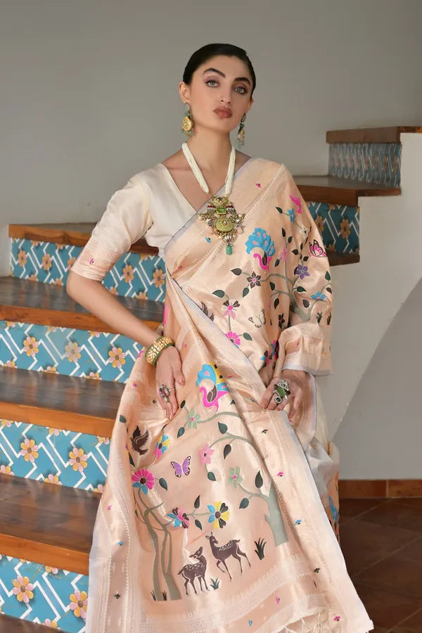 MySilkLove Coconut Cream Woven Paithani Saree