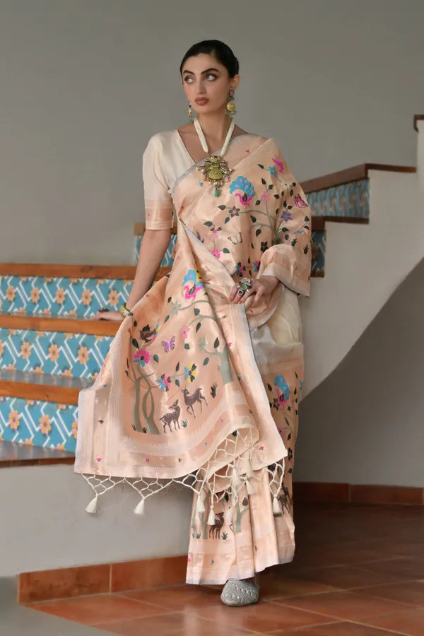 Buy MySilkLove Coconut Cream Woven Paithani Saree Online