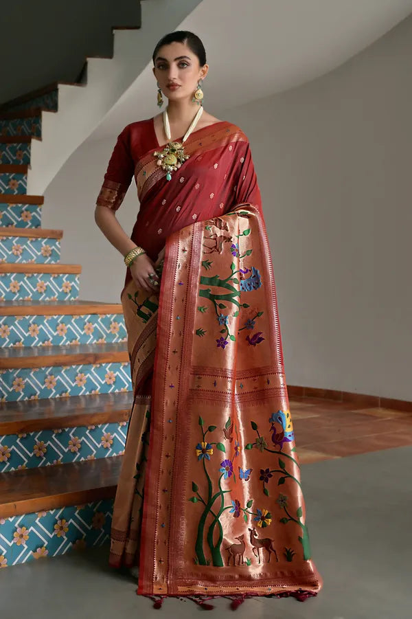 Buy MySilkLove Deep Maroon Woven Paithani Saree Online