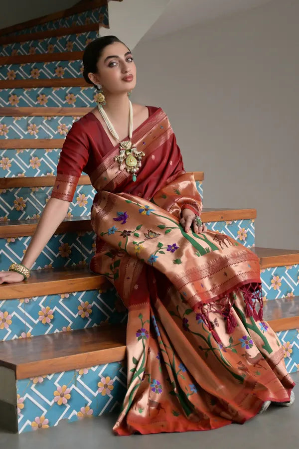 Buy MySilkLove Deep Maroon Woven Paithani Saree Online
