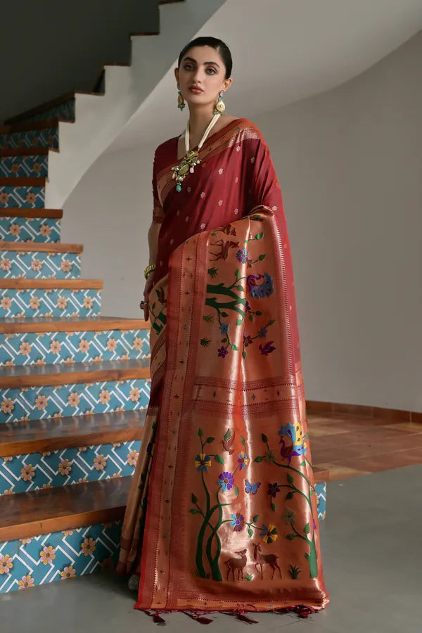 Buy MySilkLove Deep Maroon Woven Paithani Saree Online