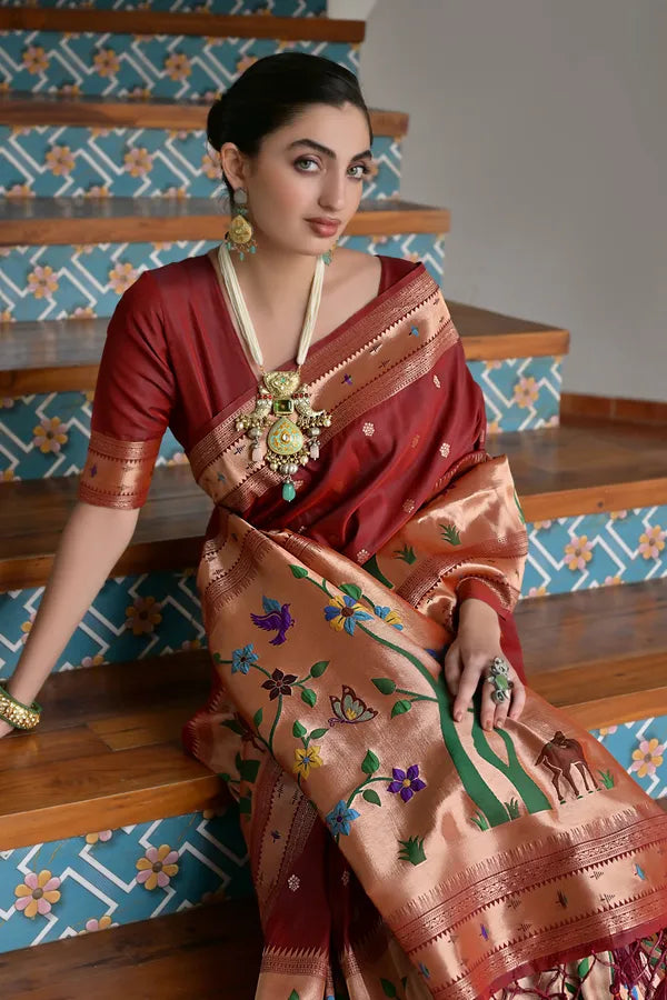 MySilkLove Deep Maroon Woven Paithani Saree