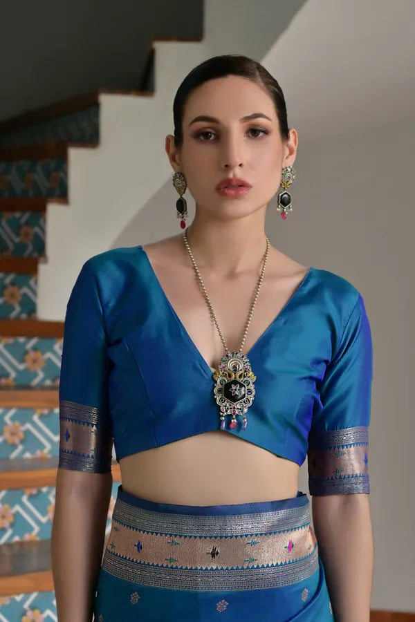 Buy MySilkLove Cobalt Blue Woven Paithani Saree Online