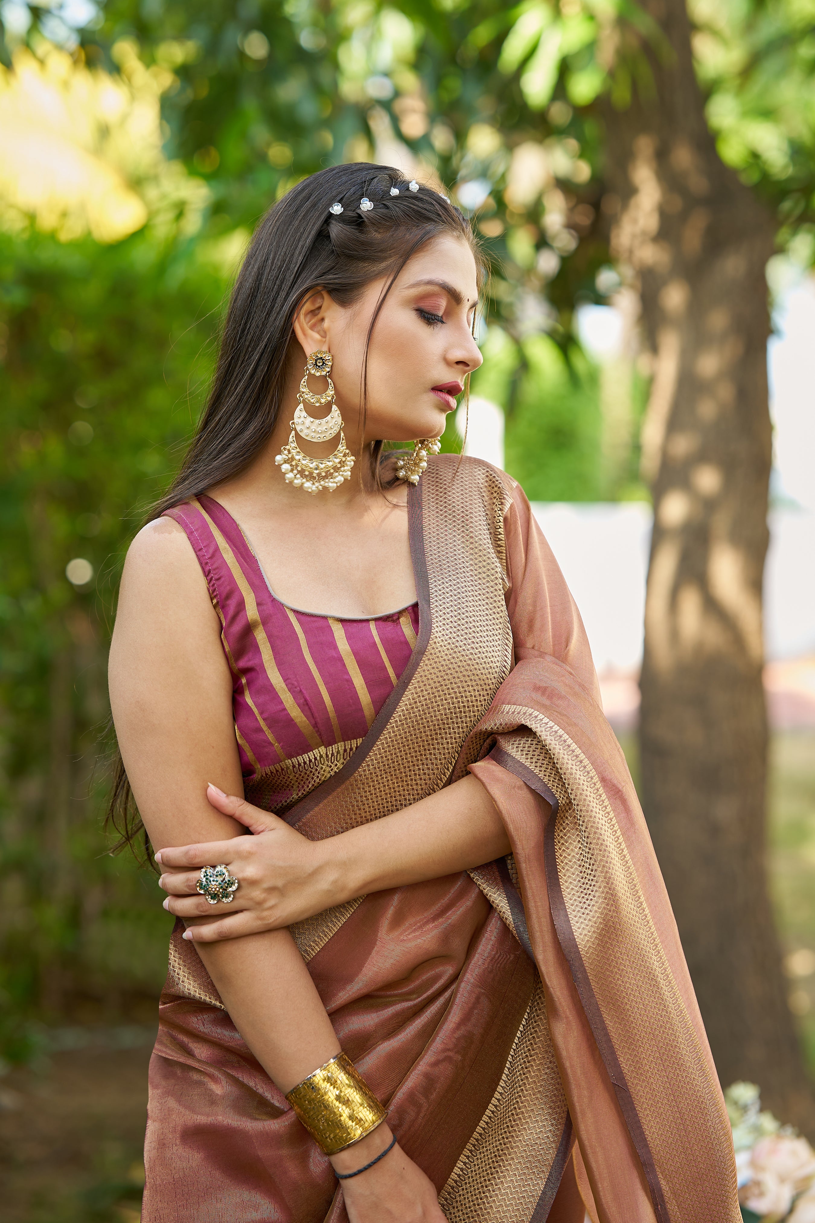 MySilkLove Wood Brown Tissue Woven Saree