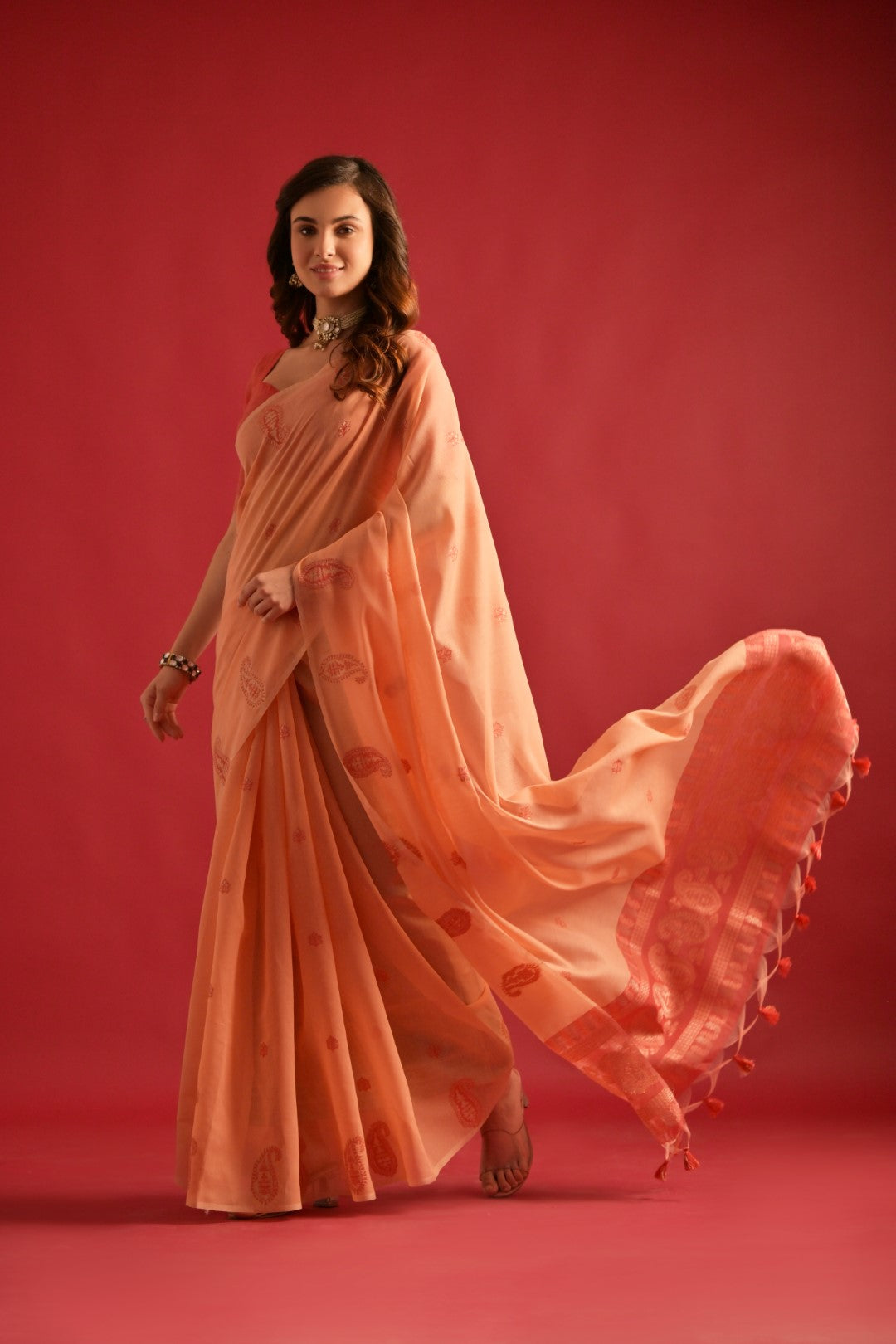 Buy MySilkLove Blushing Peach Woven Mul Cotton Saree Online