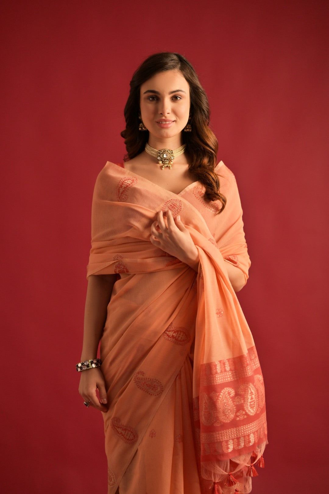 MySilkLove Blushing Peach Woven Mul Cotton Saree