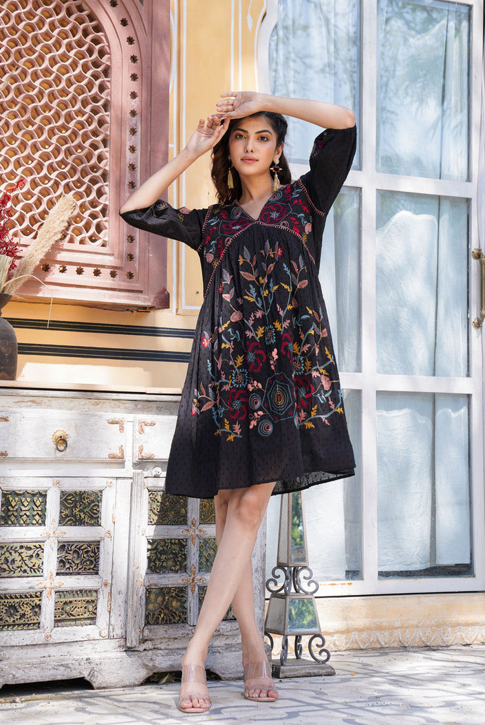 Eerie Black Thread Handmade Embroidery Dress