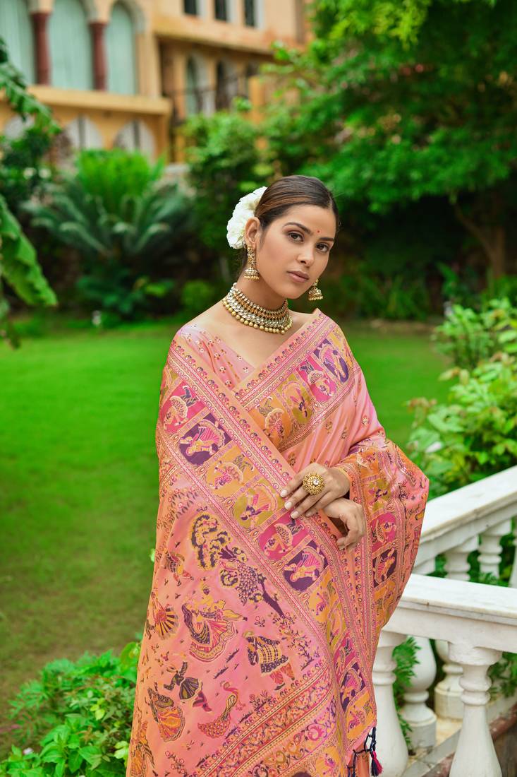 Buy MySilkLove Deep Blush Peach Kashmiri Woven Banarasi Silk Saree Online