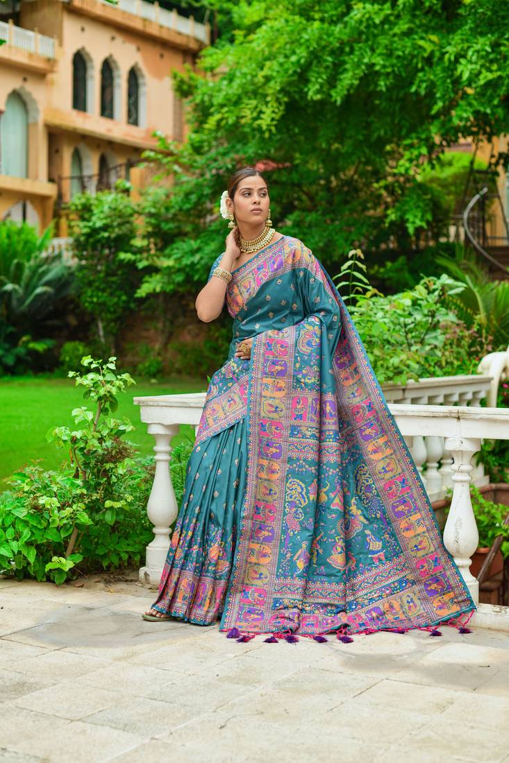 Buy MySilkLove Calypso Blue Kashmiri Woven Banarasi Silk Saree Online