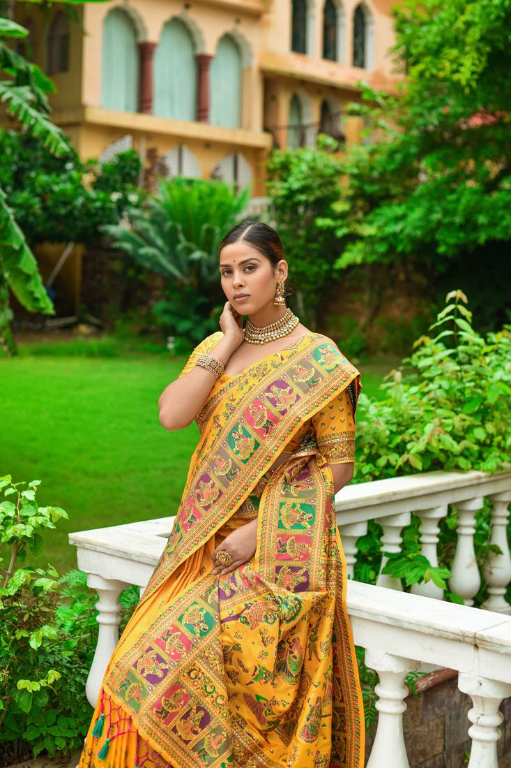 Buy MySilkLove Anzac Yellow Kashmiri Woven Banarasi Silk Saree Online