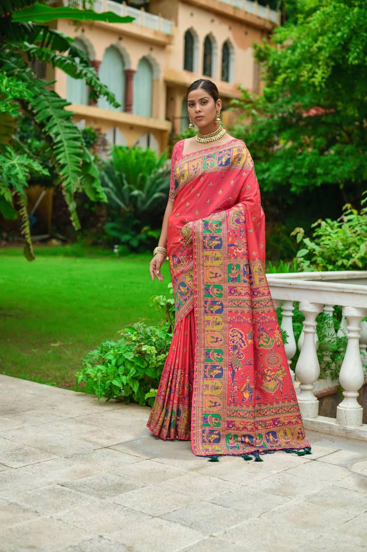 Buy MySilkLove Salmon Red Kashmiri Woven Banarasi Silk Saree Online