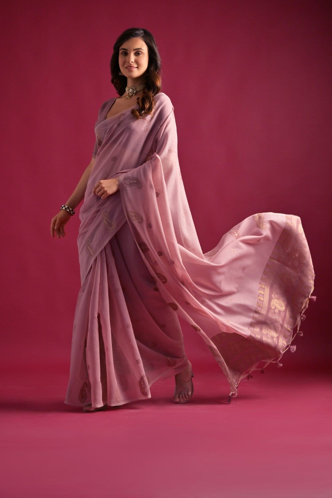 Buy MySilkLove Rose Purple Shade Woven Mul Cotton Saree Online