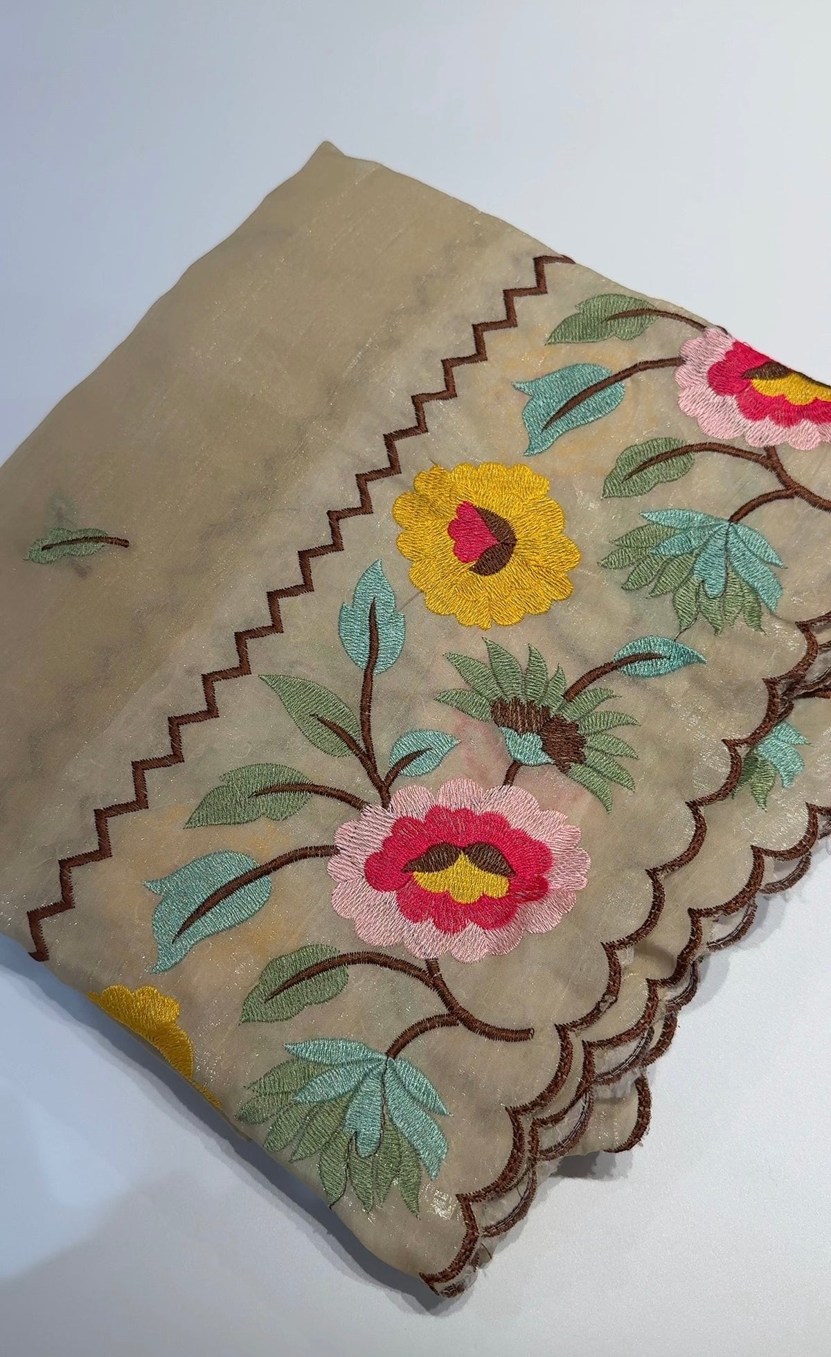 Buy MySilkLove Lemon Yellow Floral Embroidery Crunchy Chiffon Saree Without Blouse Online