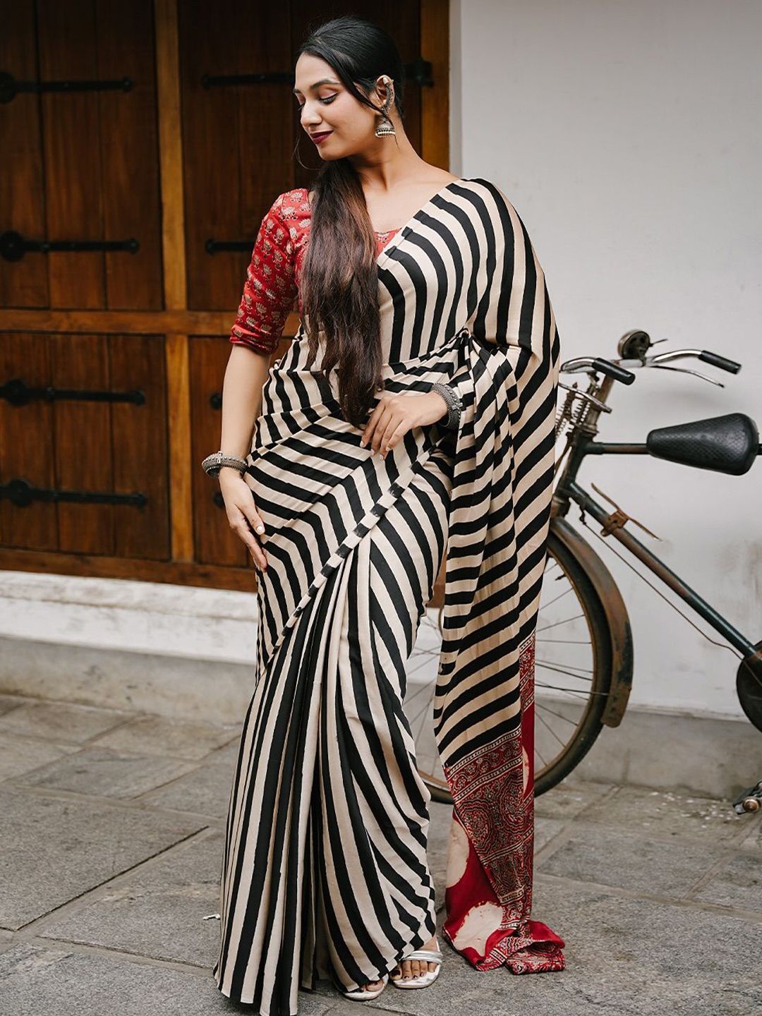 Buy MySilkLove Magnolia White and Black Stripes Ajrakh Printed Satin Crepe Silk Saree Online