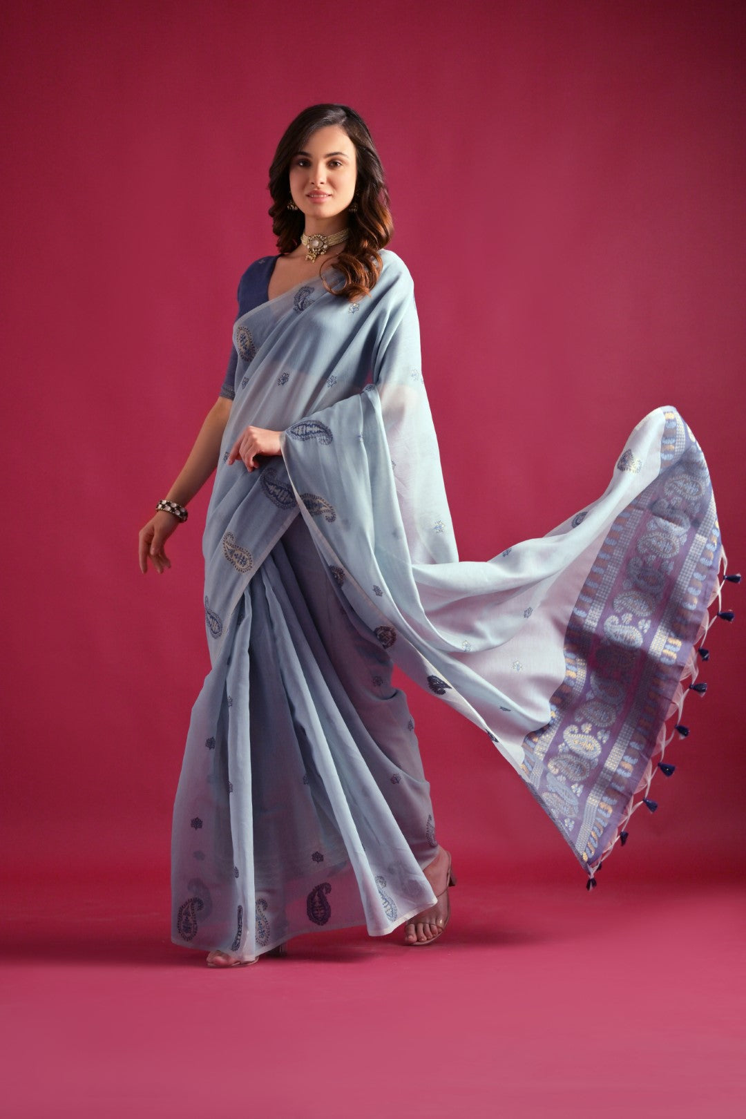 Buy MySilkLove Sky Blue Woven Mul Cotton Saree Online