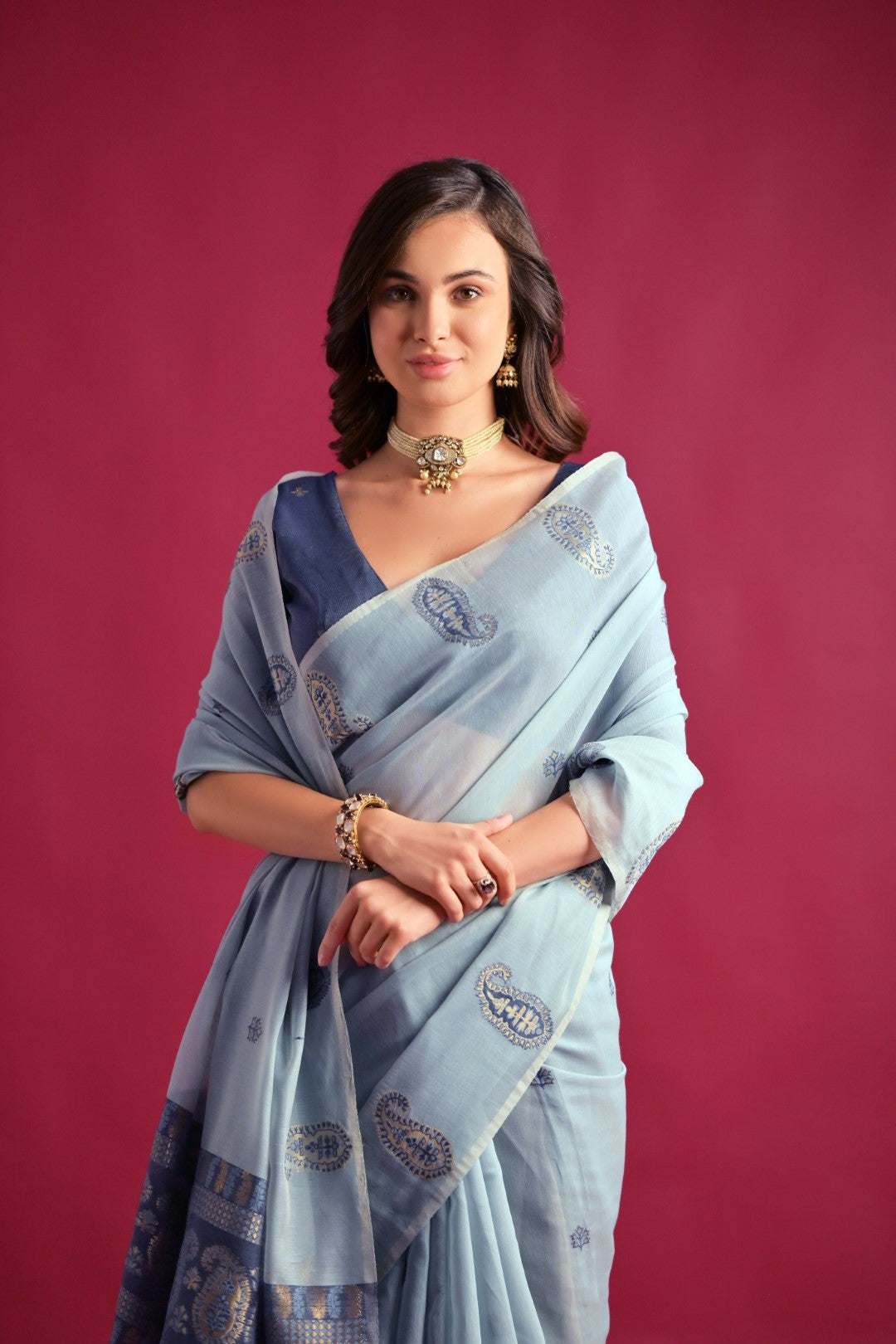 Buy MySilkLove Sky Blue Woven Mul Cotton Saree Online