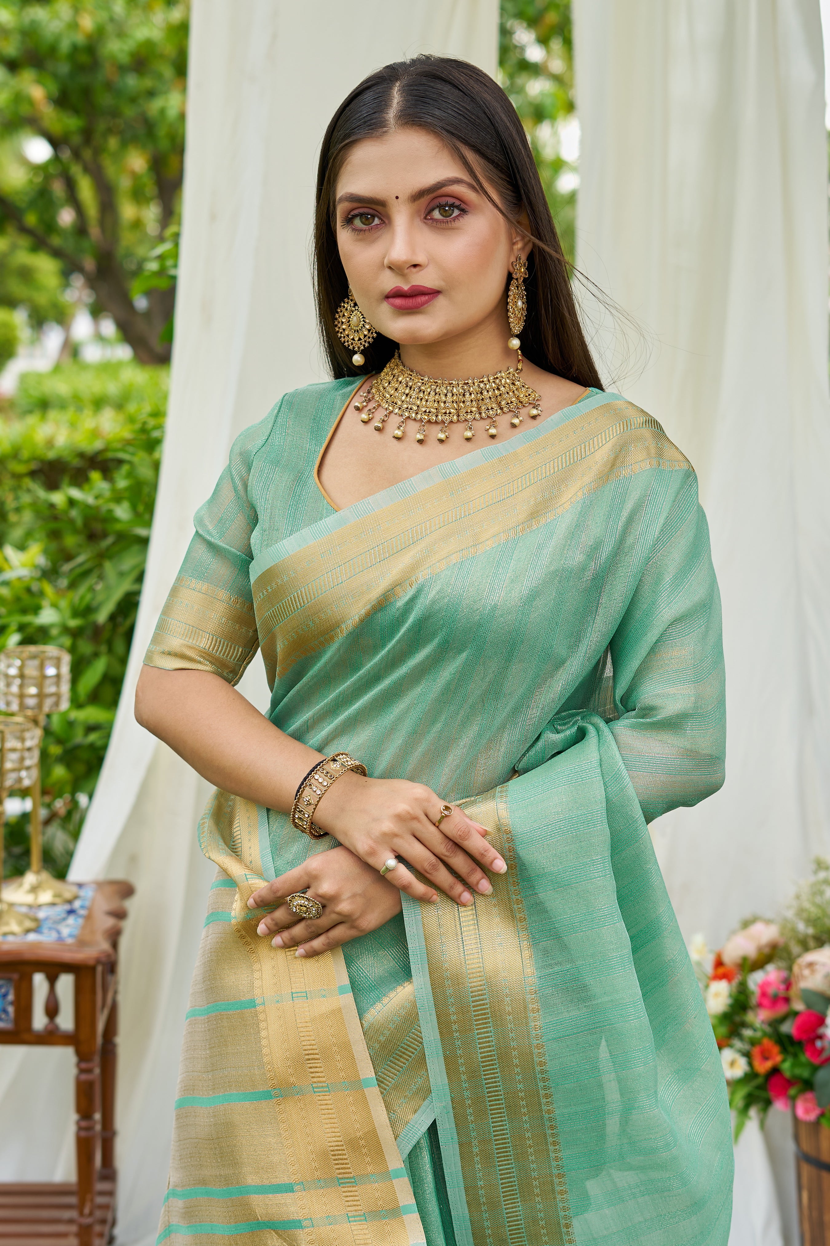 MySilkLove Lincoln Green Woven Tissue Saree