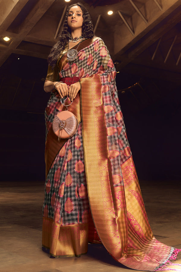 Rusty Nail Brown Banarasi Handloom Silk Saree