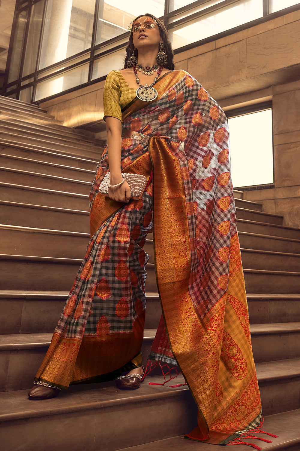 Buy MySilkLove Saddle Brown and Grey Banarasi Handloom Silk Saree Online