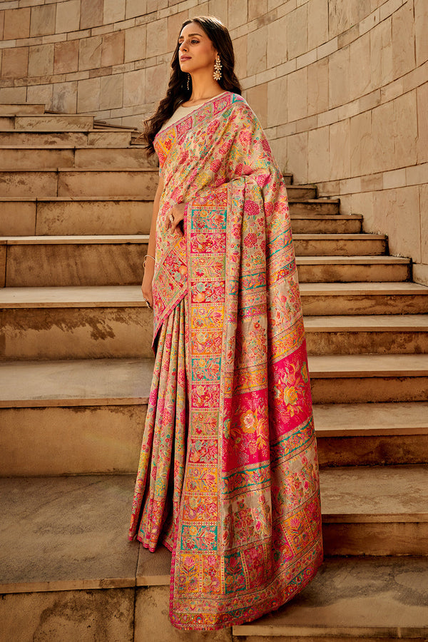 Shimmer Pink Woven Kashmiri Jamewar Silk Saree
