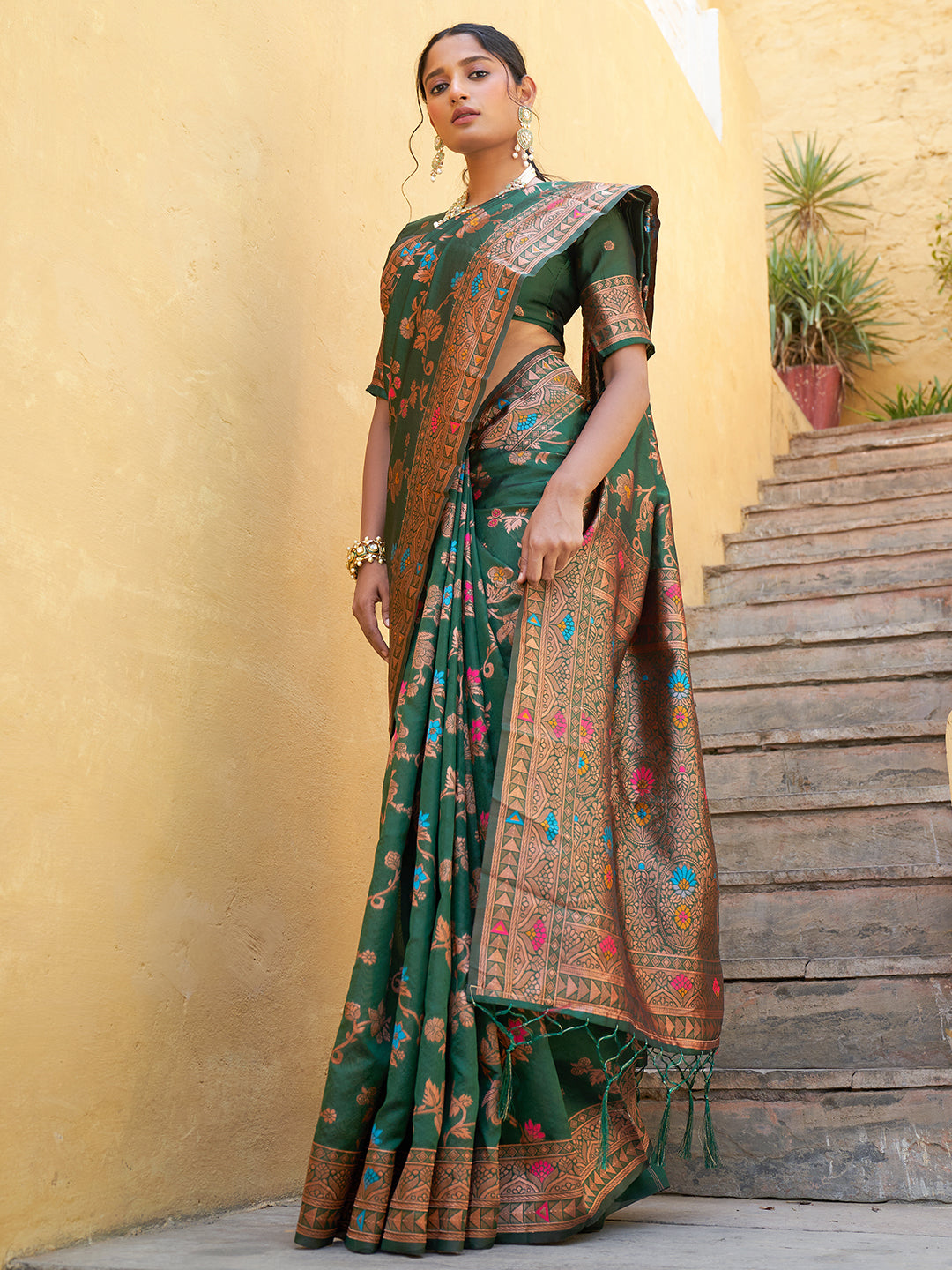 Buy MySilkLove Rashmika Mandana collection Viridian Green Woven Handloom Saree Online